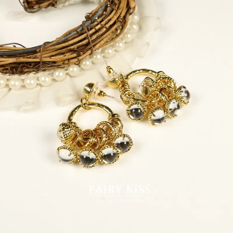 temperament  niche retro tassel drop stud earrings crystal plated real gold S925 silver needle earrings jewelry