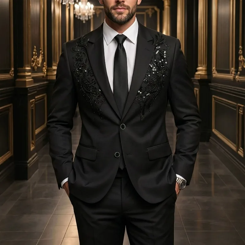 

KIDWHXR Man Suit Outfit Slim Sequins Single-breasted Men Straight-leg Pant Male Thin Comfortable Wedding Banquet 2-piece Set