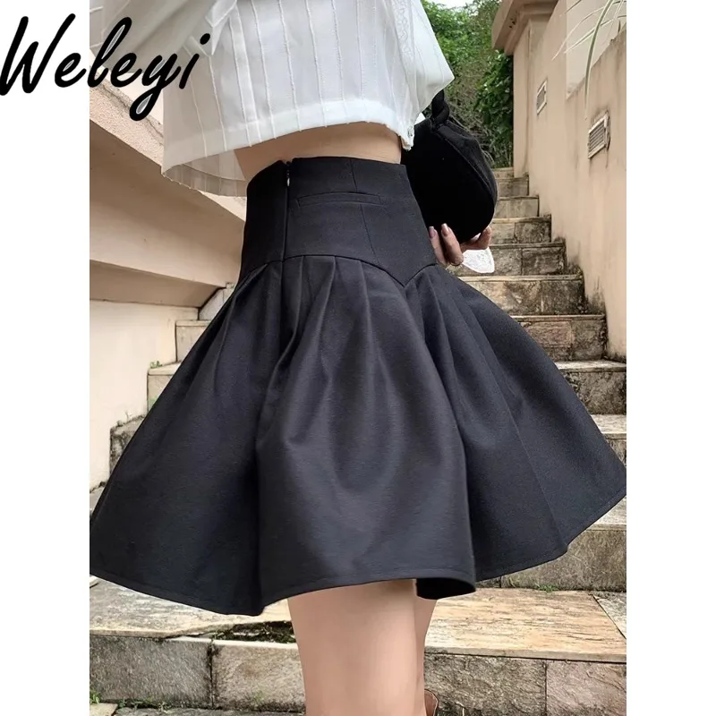 

Japanese Style Ladies Pleated Tutu Skirt for Women 2025 Summer New Sweet Women's High-waisted A-line Black Lined Bubble Skirts