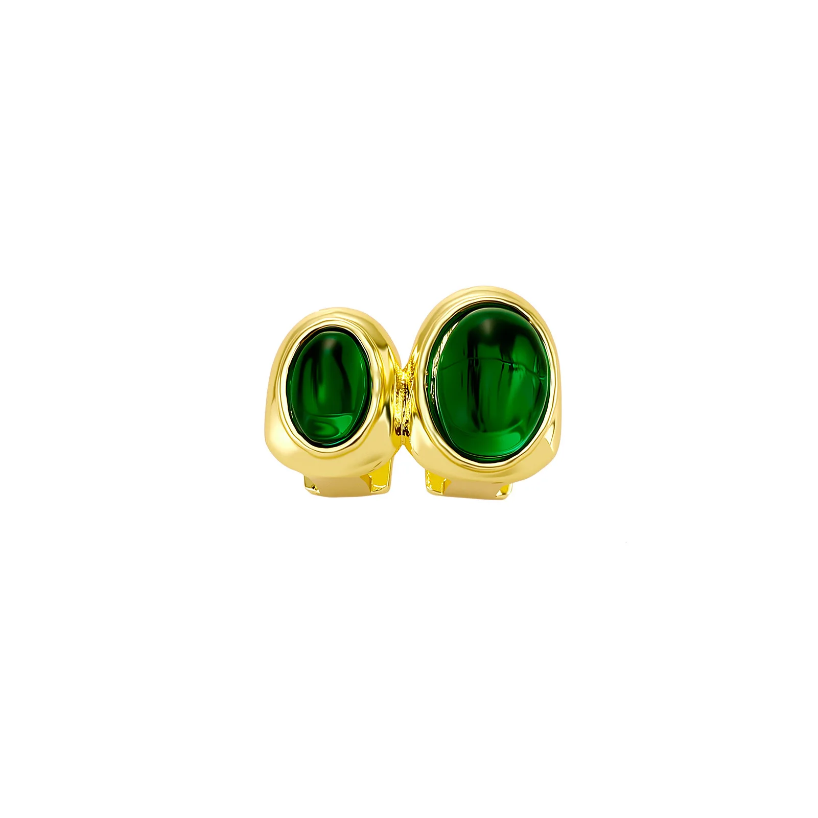 Personality Streetwear Oval Emerald Green Stone Two Piece Tooth Grillz Hip Hop Trendy Rapper Casual Daily Wear Mouth Jewelry