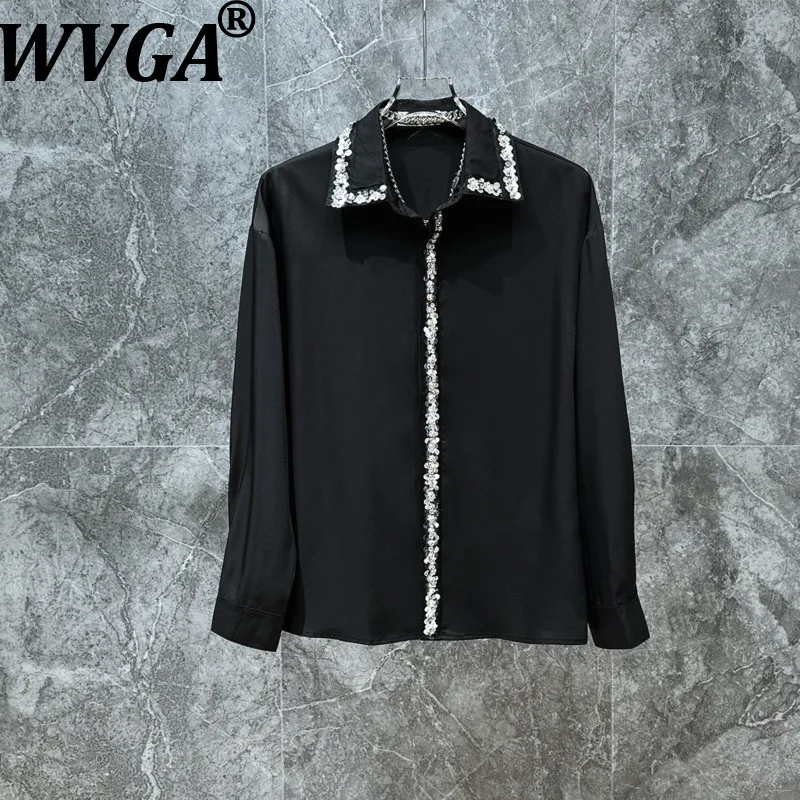 

Мужская рубашка WVGA с бриллиантовым пайеточным дизайном, модная, легкая, люксовая, повседневная, с отложным воротником, новинка весна-осень, модель W21135