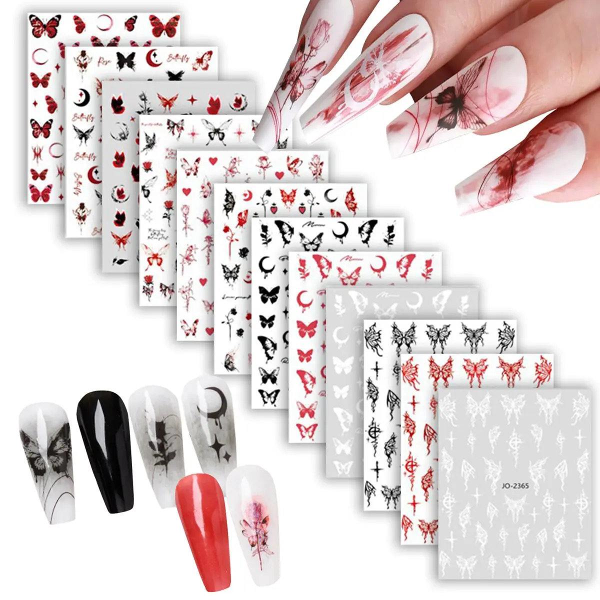 6 Sheets Gothic Butterfly Nail Art Stickers Red and Black Butterfly & Moon Dark Floral Cross Design Decals for DIY Manicure