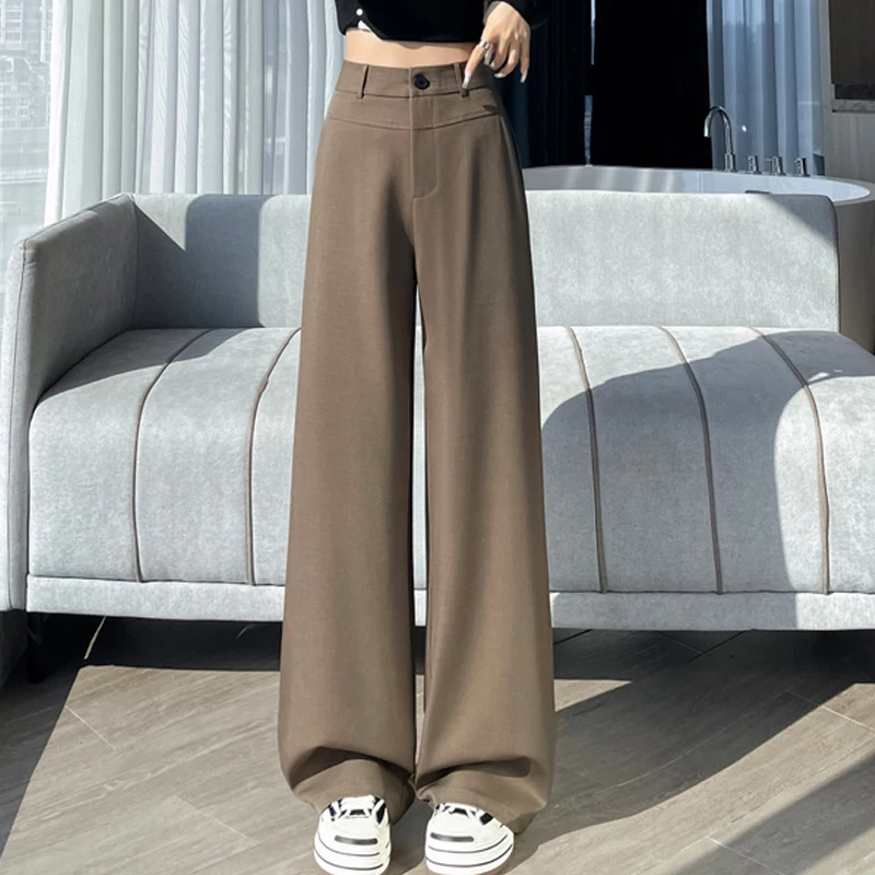 เอวสูงกางเกงสูทขากว้างผู้หญิงฤดูใบไม้ร่วงฤดูหนาวสไตล์ใหม่หลวมสบายๆกางเกงตรงสง่างามเสื้อผ้าหญิง