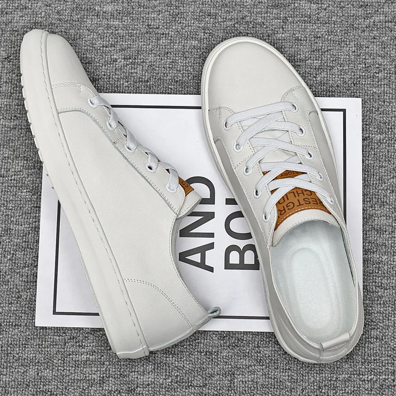 Neue Schuhe für Herren, echtes Leder, Freizeitschuhe, weiße flache Skateboard-Schuhe, Straßen-Rindsleder, Schnür-Sneaker