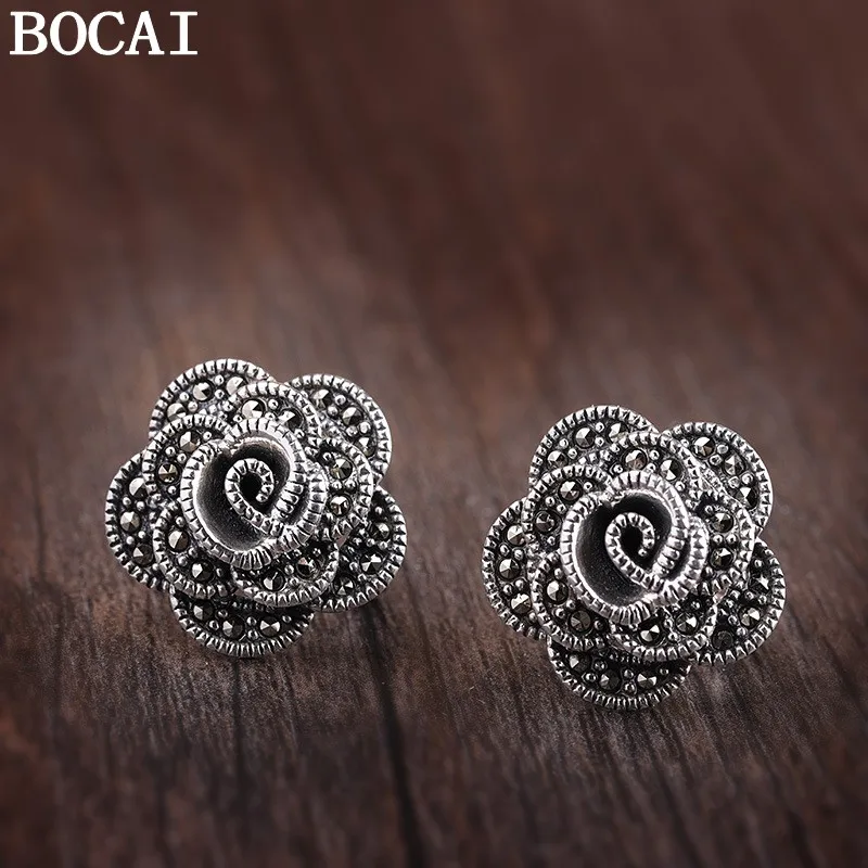 

Genuine S925 Sterling Silver Charms Rings for Women New Fashion 3D Rose Marcasite Studs Earrings Punk Jewelry Wholesale