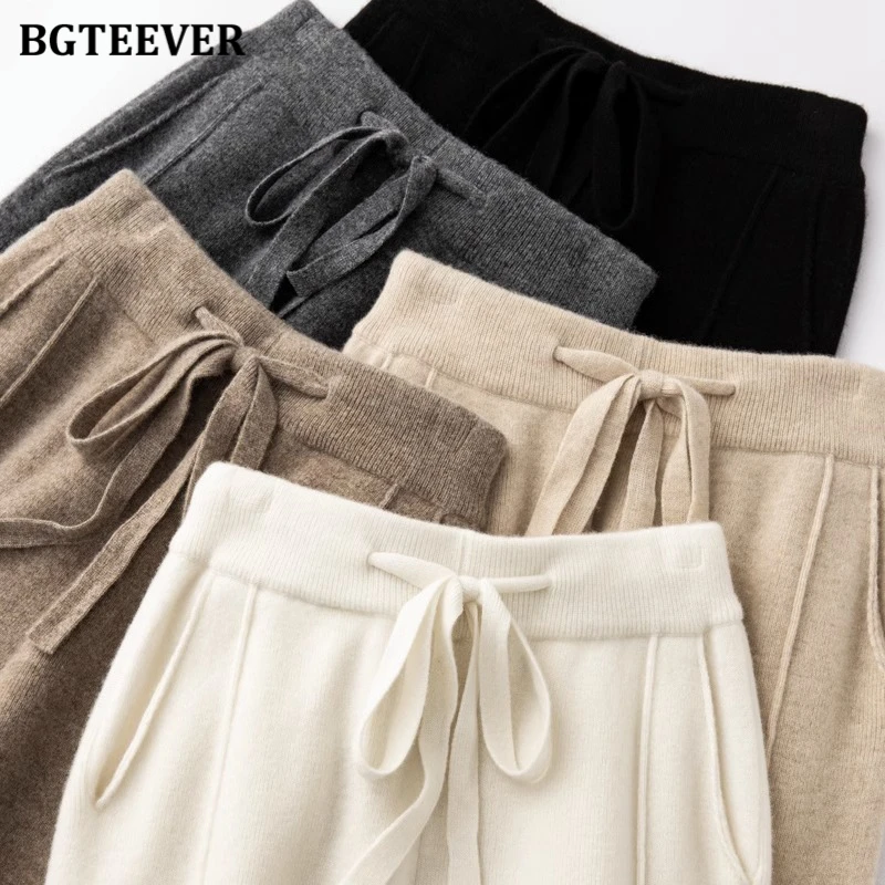BGTEEVER Fashion Lace-up High Waist Women Straight Knitted Wide Leg Pants Casual Loose Pockets Female Solid Sweaters Pants