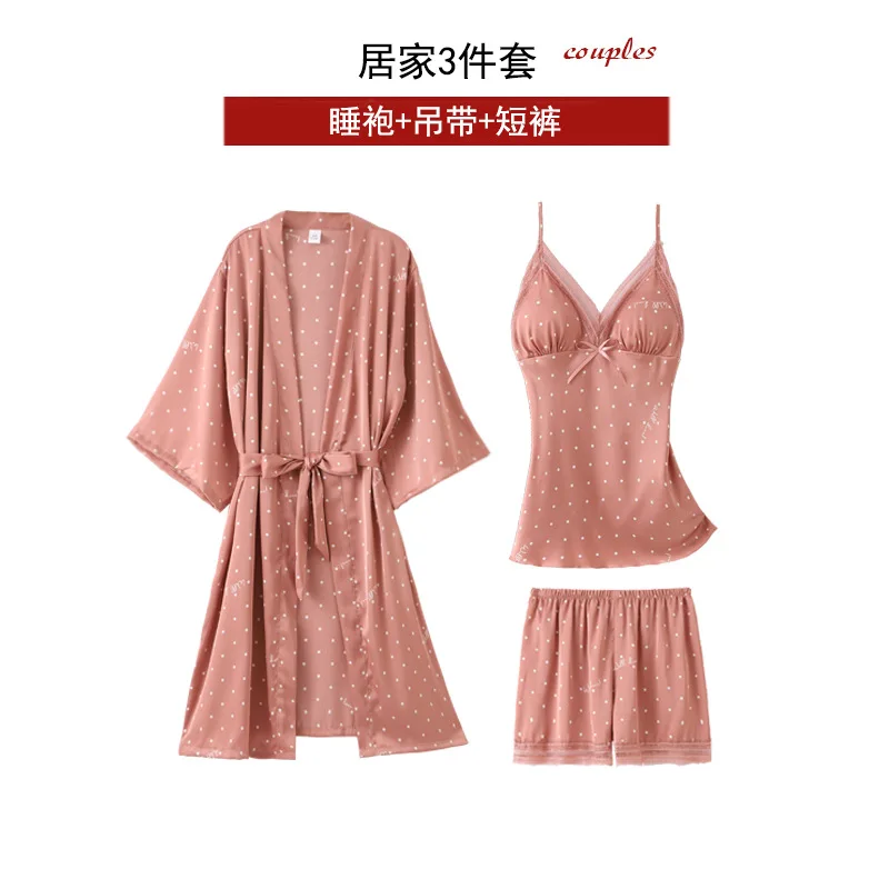 FZSLCYIYI Women\'s Pajamas Silk Polka dot 5Pcs set nightwear Satin Pajamas Sexy Lace Pyjama Nightie Sleepwear Home Clothes