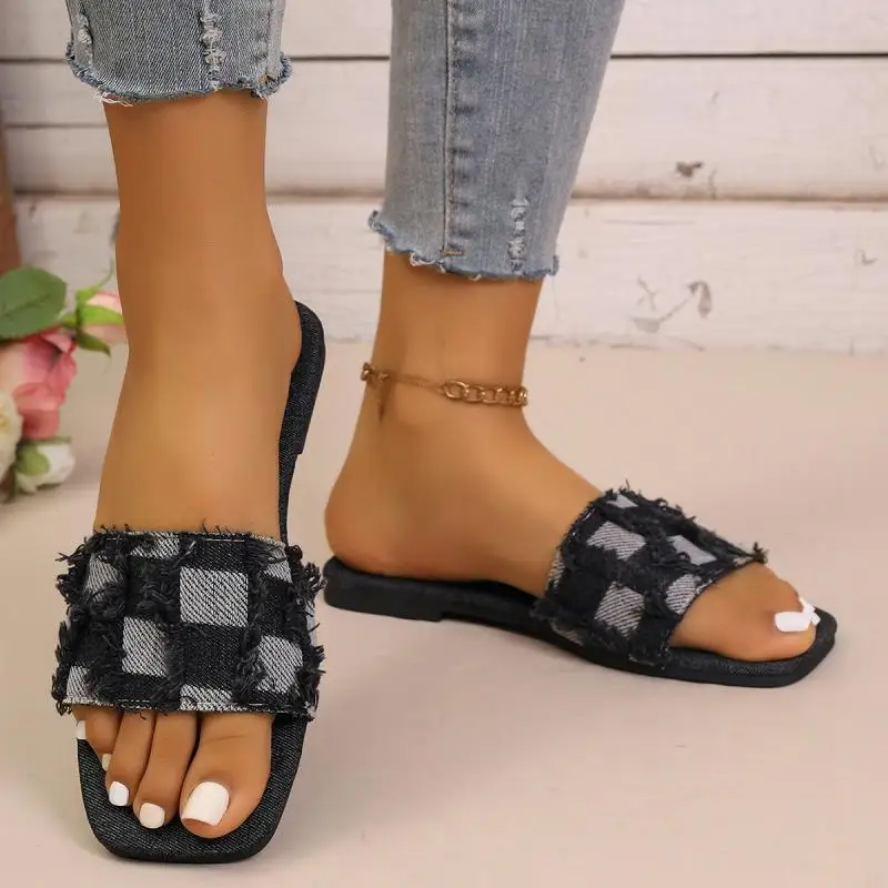 Blaue Denim-Karo-Sandalen mit flachem Absatz für Damen, Sommer, Übergröße 36-43, Sandalen mit quadratischer Zehenpartie, Streetwear, weiche Sohle, Slipper – Detail 8