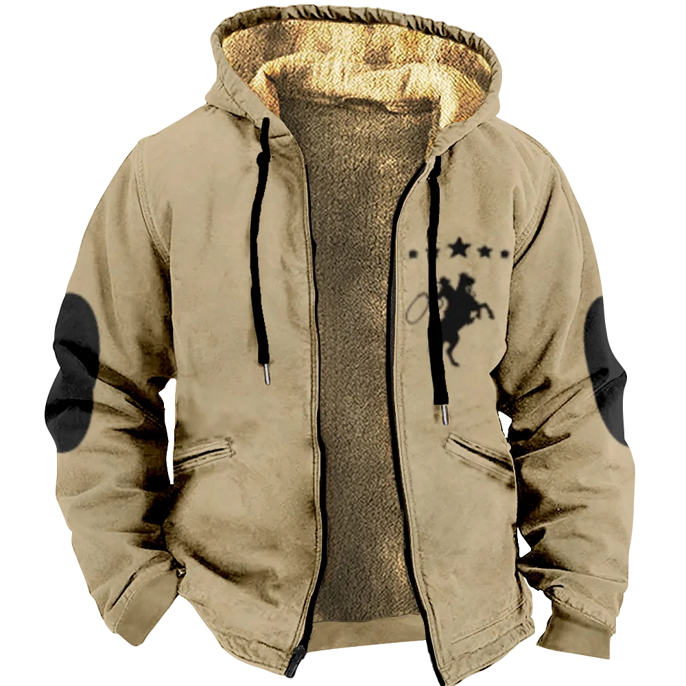 Homens e mulheres Cowboy Denim padrão manga comprida com zíper Hoodies, roupa grossa, moletom, jaqueta, Casacos, inverno