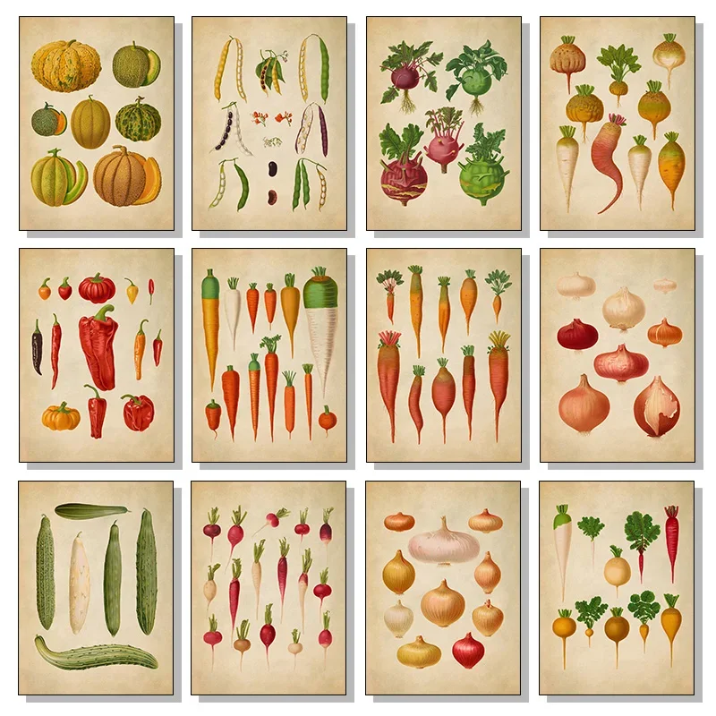 Póster HD con temática de vegetales, repollo, Chile, zanahoria, frijol, cebolla, Kohlrabi, pintura en lienzo, cuadro artístico de pared Vintage, decoración del hogar y la cocina
