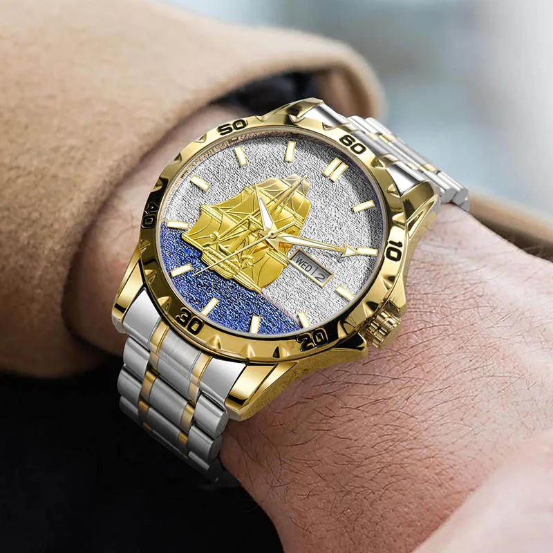 GLENAW Three Dimensional Sailing Dial Design Luxury Automatic Mechanical Watches Luminous waterproof Stainless Steel Strap Watch
