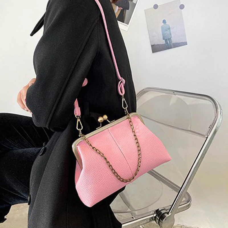 Vintage Soft Skin Shell Bag New Lychee Pattern Handbag Simple And Versatile Shoulder Bag Clip Chain Crossbody Women\'s Bag