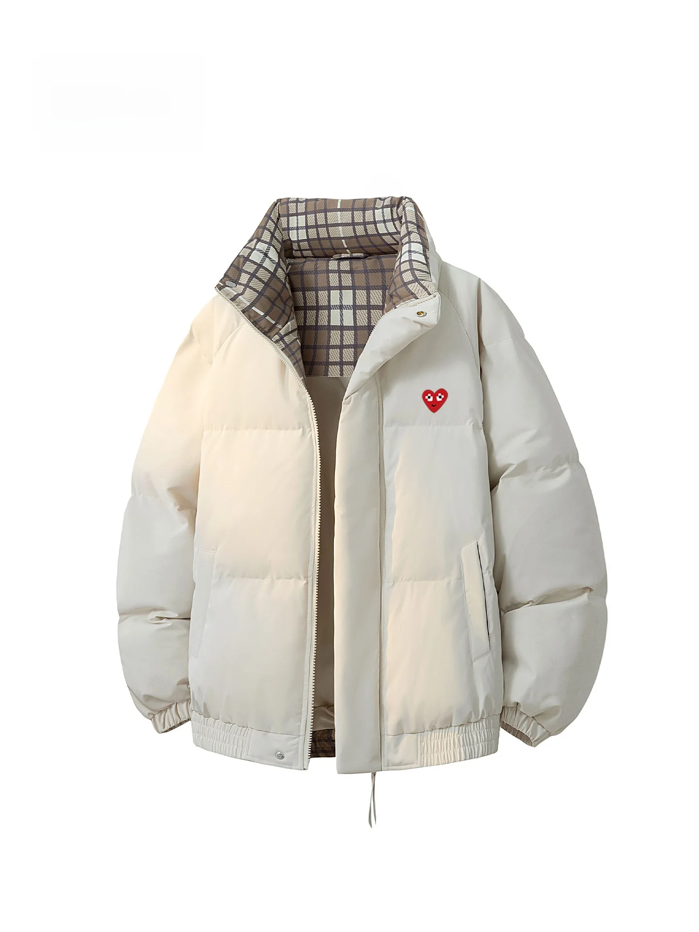 

Play Hei Winter Cotton Jaet Plaid Contrast Color Simple Stand Collar Couple Bread Outerwear Warm Thiened Long Sve Zi...