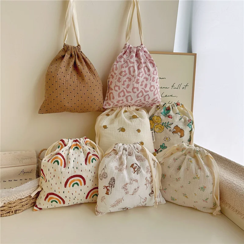 27x25cm Home Organizer Natural Cotton Storage Bags Outdoor Travel Cute Rainbow Printing Drawstring Pouches