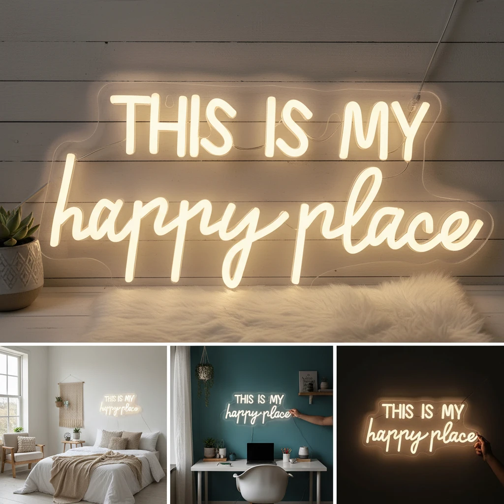 This Is My Happy Place Led النيون الدافئ الأبيض Led رسالة أيقونة USB بالطاقة المستخدمة في الغرفة، غرفة الألعاب، البار، النادي، ديكور كهف الرجل. #4