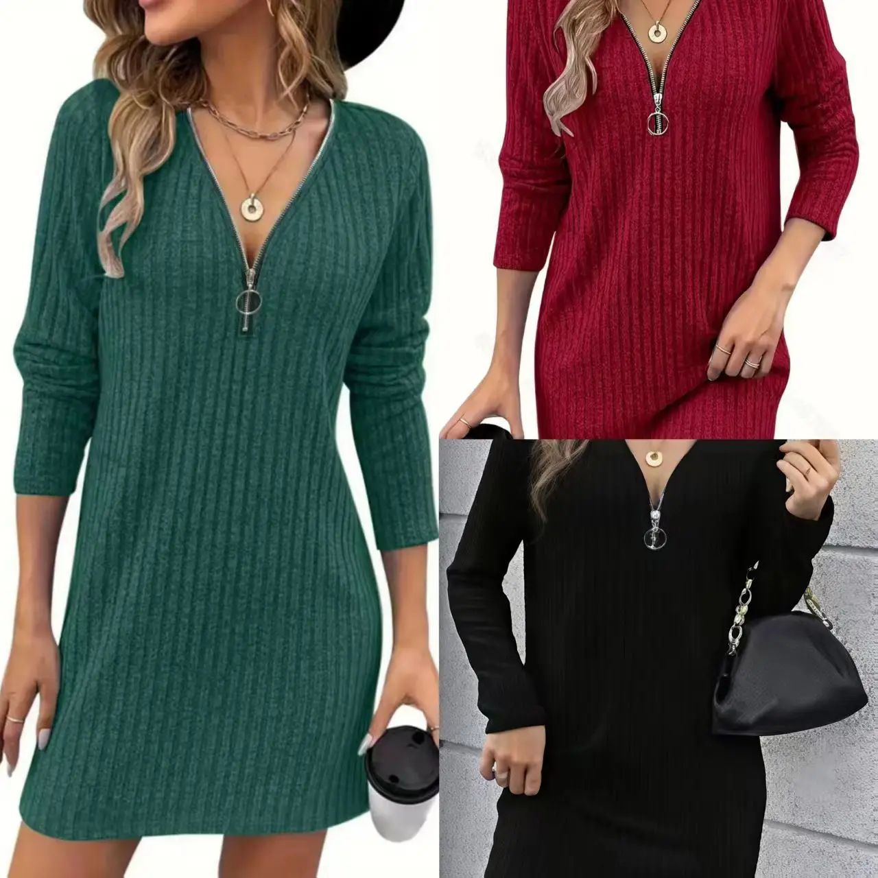 2026 Cross-border Autumn New Amazon Fashion and Elegance Spring and Autumn V-neck Zipper Pit Strip Women's Dress Cw67135