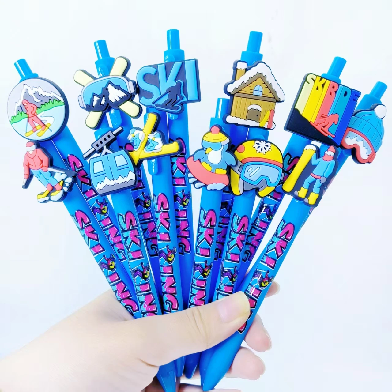 

9/18pcs Ski Cute Styling Press Ballpoint Pen Blue Pen Holder Series Ballpoint Pen Office and Learning Special Writing Pen
