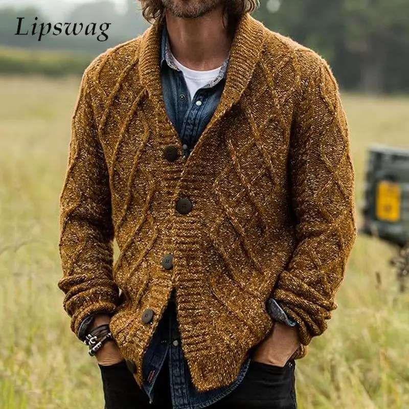 

Outdoor Fashion Men's Lapel Sweatercoats Autumn Winter Warm Thick Knitting Cardigans Men Vintage Button-up Textured Knit Jacket