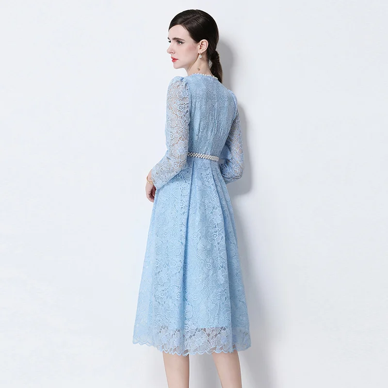 Luxury High-End Cutout Embroidery Floral Print Lace Dress Women Summer Retro Round Neck Single Breasted Comes with Lace-up Dress