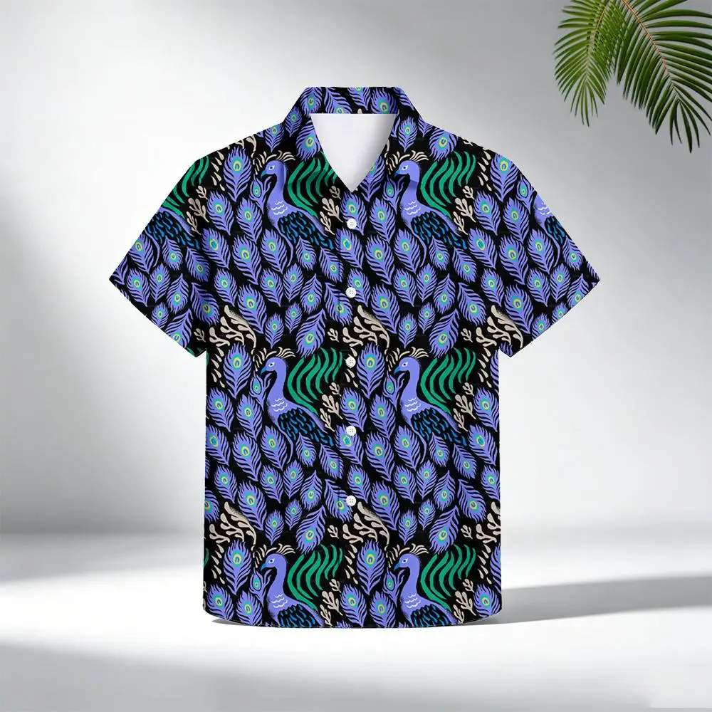 Peacock Feather Print Hawaiian Shirt Fashion Vintage Vacation Style Streetwear Summer Daily Casual Lightweight Cozy Beach Blouse