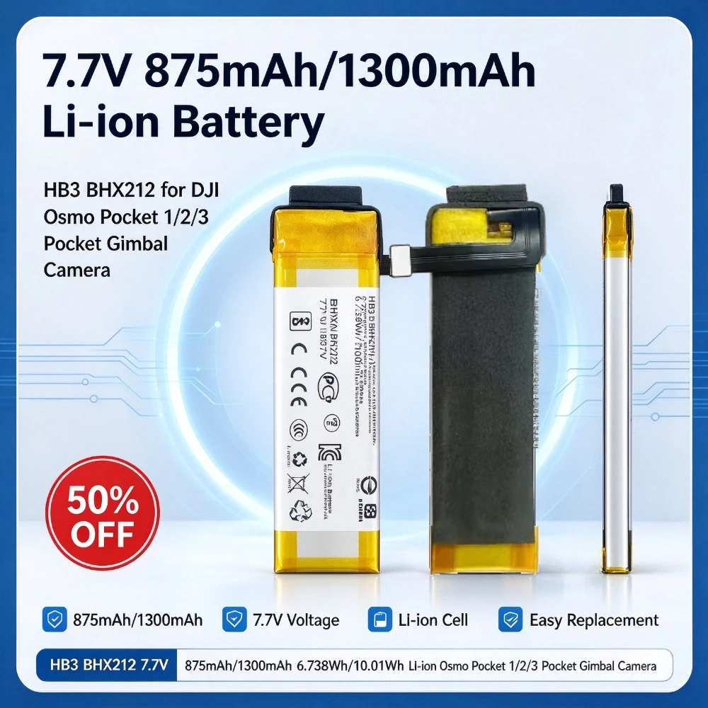 HB3 BHX212 7.7V 875/1300mAh 6.738/10.01Wh Replacement Li-ion Battery for DJI Osmo Pocket 1/2/3 Pocket Gimbal Camera Battery