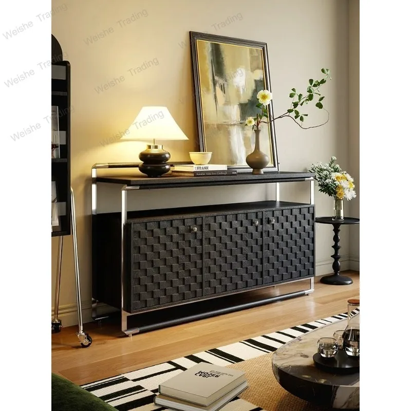 Medieval black dining side cabinet, living room retro tea cabinet, minimalist solid wood entrance cabinet