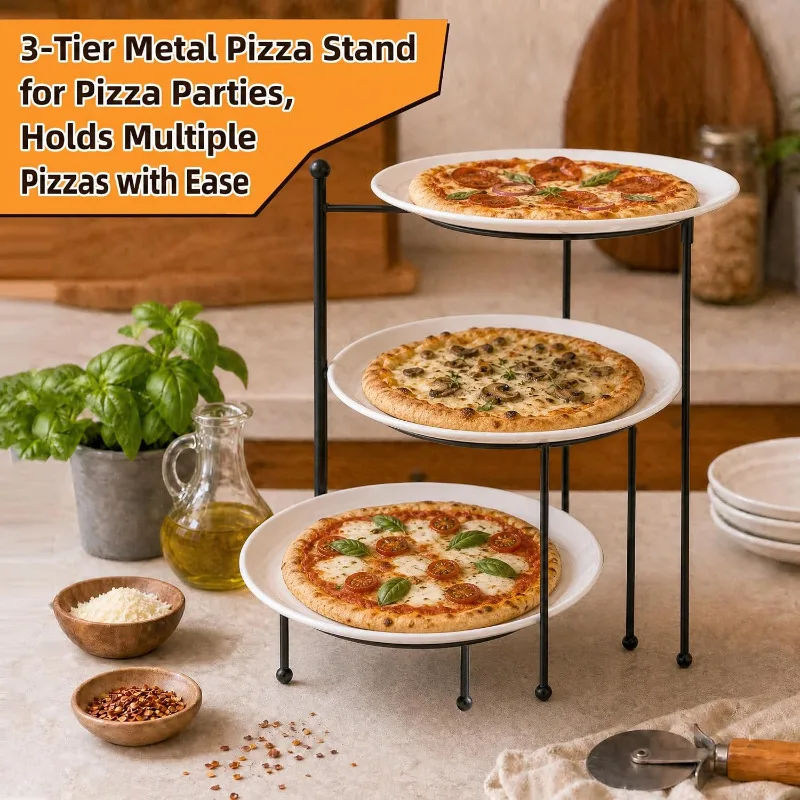 3 Tier Pizza Stand with Ceramic Plates and Spatulas, Black Metal Tiered Serving Tray for Party, 10.2