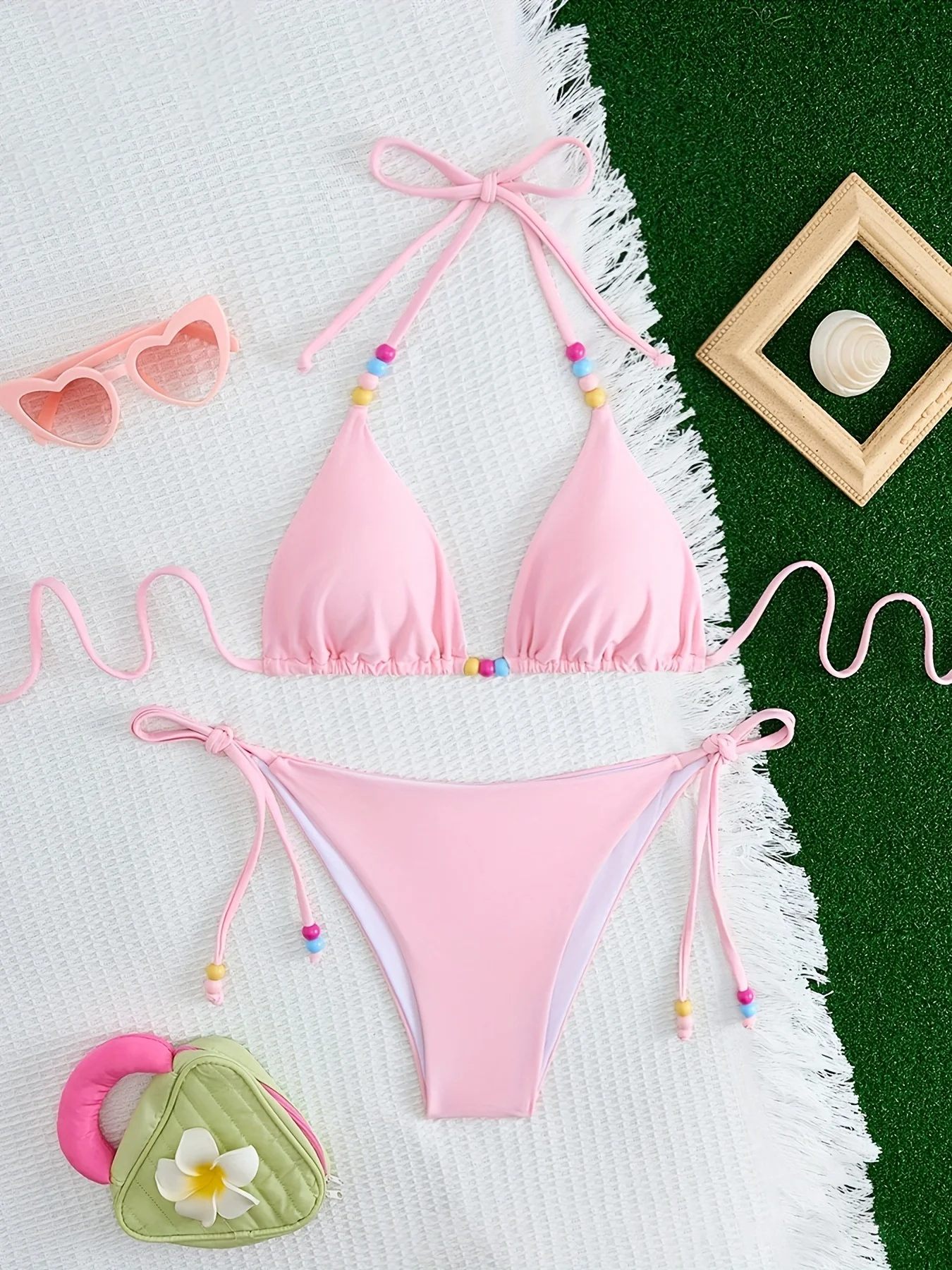 

2pcs/A Set Women's Pink Beaded Halter Bikini Set Colorful Bead Detail Tie Side Triangle Swimsuit Summer Beach Bathing Suit
