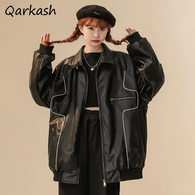 

Women Leather Jackets Long Sleeve Turn Down Collar American Style Hipster Personality Zipper Cool Girls Loose Fashion Popular