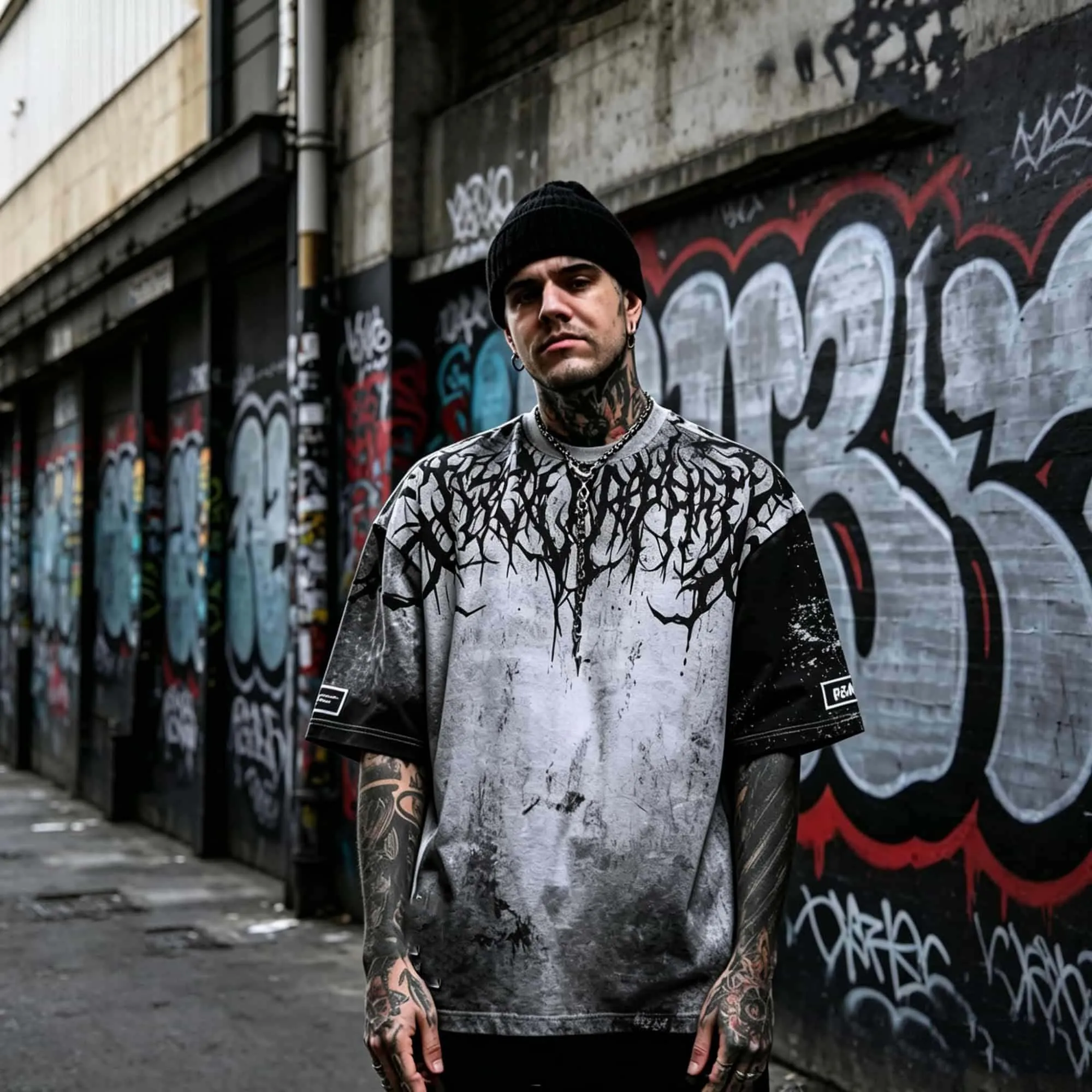 Dark Grunge Gothic Aesthetic Men Oversized T Shirt Thorn Branch Distressed Grey Black Gradient PrintCrew Neck Streetwear Top