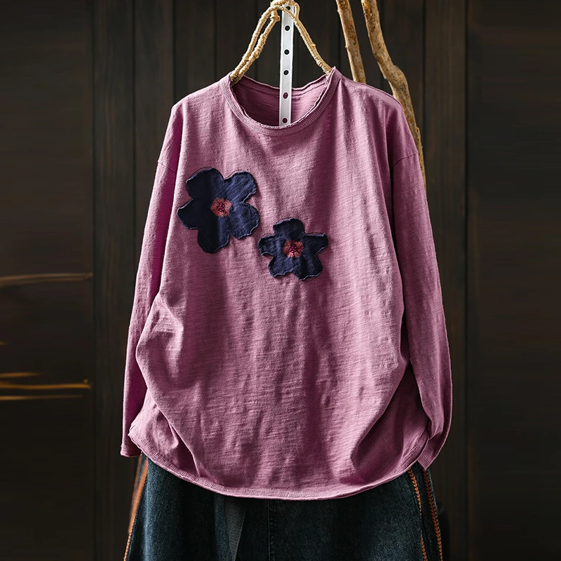 Women Long Sleeve Cotton T-shirts New Arrival 2026 Spring Simple Style O-neck Floral Pattern Loose Female Casual Tops Tees M2910