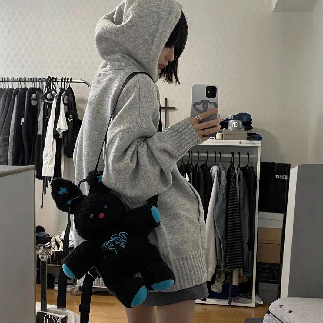 Korean Retro Knitted Women's Hooded Sweatshirt Y2k Streetwear Autumn Winter Harajuku Casual Loose Hooded Jacket for Women Coat