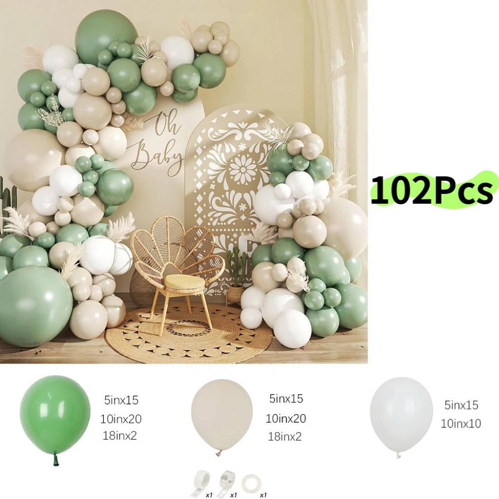 102Pcs Sage Green White Balloon Garland Arch Kit Sand White Balloons for Birthday Baby Shower Gender Reveal Party Decorations view 2