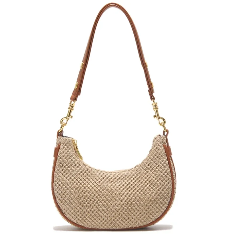 Summer Simple Design Women\'s Half Moon Hobo Bag High Quality Hand-woven Straw Armpit Bag Female Seaside Beach Shoulder Bag 2024