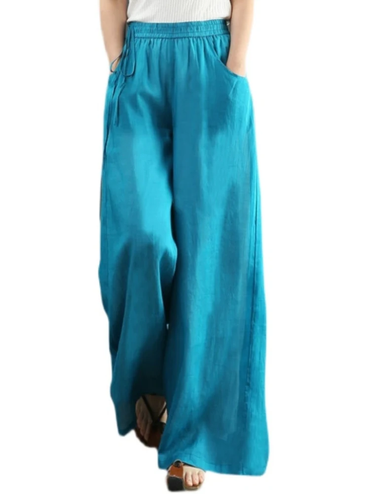 Pantaloni estivi a gamba larga in cotone e lino sottile da donna Pantaloni casual drappeggiati larghi a taglio dritto Pantaloni lunghi a vita alta per pendolari Sle