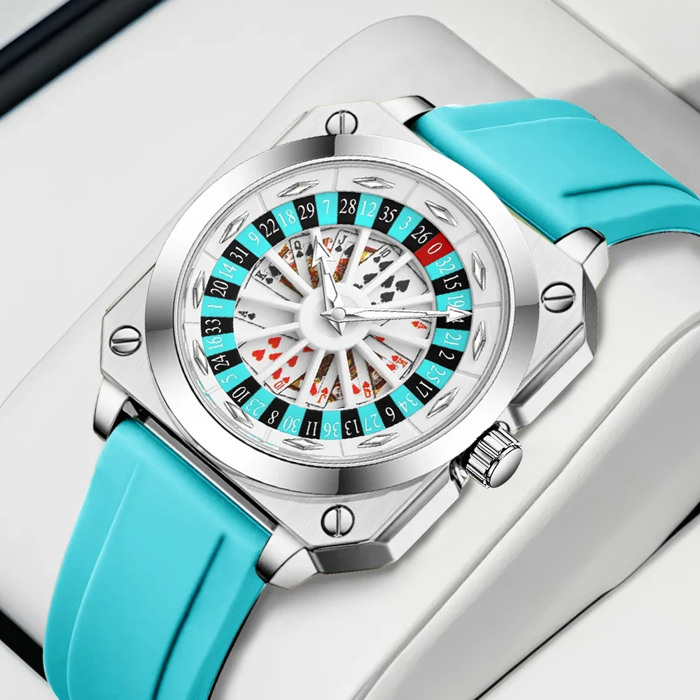 VA VA VOOM Roulette Loading Silicone Casino Wheel Quartz Watch Mens Sports Style Night Light Square Waterproof Watch for Men