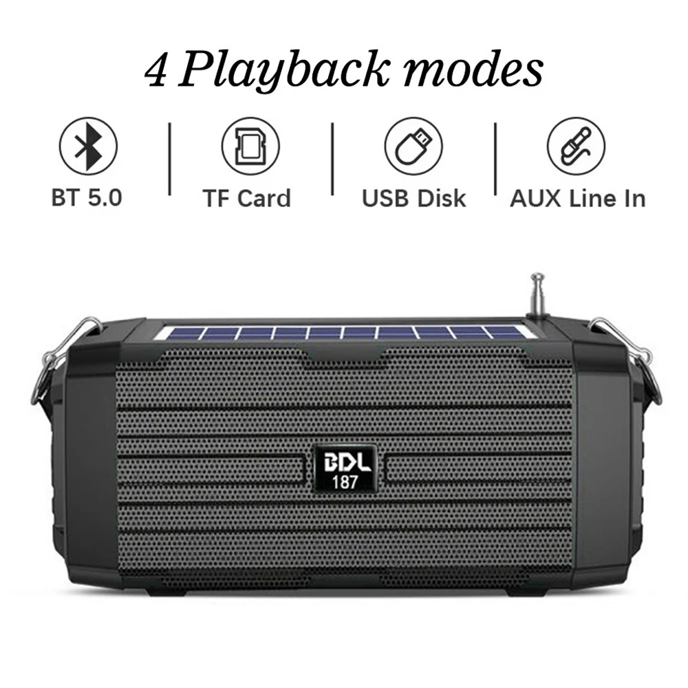 Portable Bluetooth Speakers Solar Charging HiFi Stereo Subwoofer Sound Bar Outdoor Wireless Loudspeaker Box USB AUX FM Radio