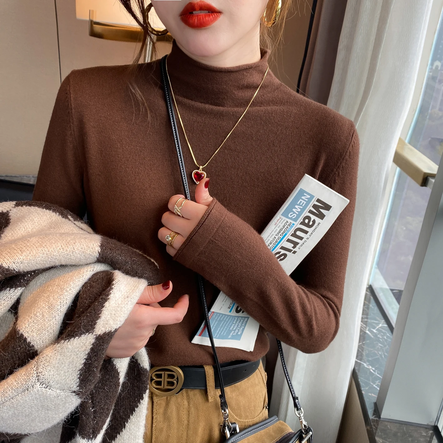 

Zjaiss осенне-зимний свитер с воротником, женские вязаные пуловеры, женские модные тонкие топы, теплый свитер на флисовой подкладке с длинными рукавами