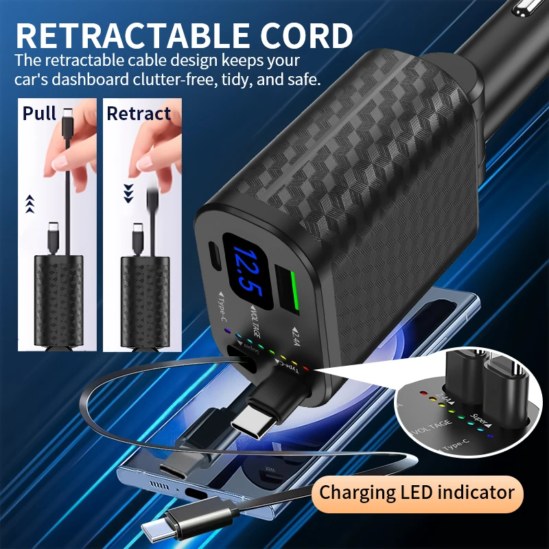 4-in-1 Retractable Car Charger with Digital Display and Charging Indicator Fast Car Phone Charger 2 Retractable Charging Cables