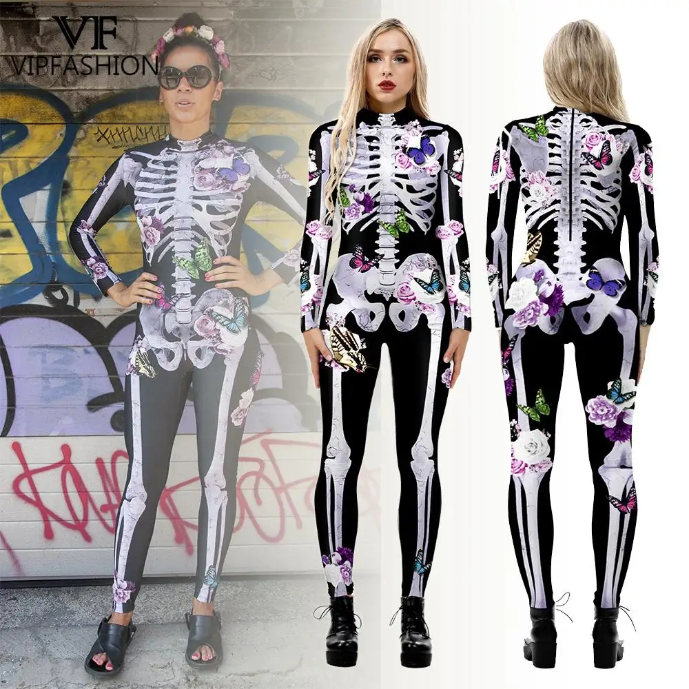 

VIP FASHION Halloween Cosplay Zentai Suit Spandex Adult Costume Skeleton Skull Printed Jumpsuit Bodysuit Carnival Party Clothing