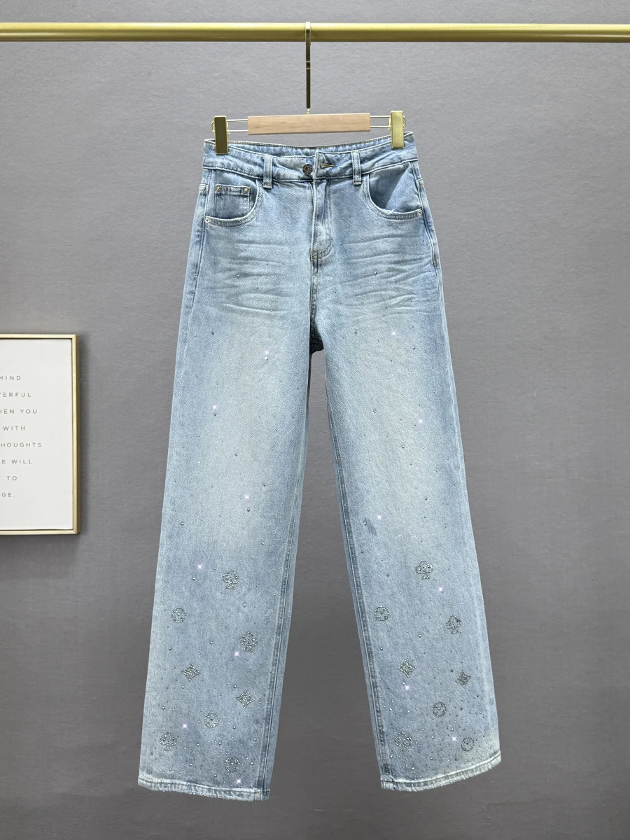 

Женские джинсы с высокой талией, прямые, из плотного денима, с декоративными элементами, удлиненные, свободного кроя, осенняя новинка