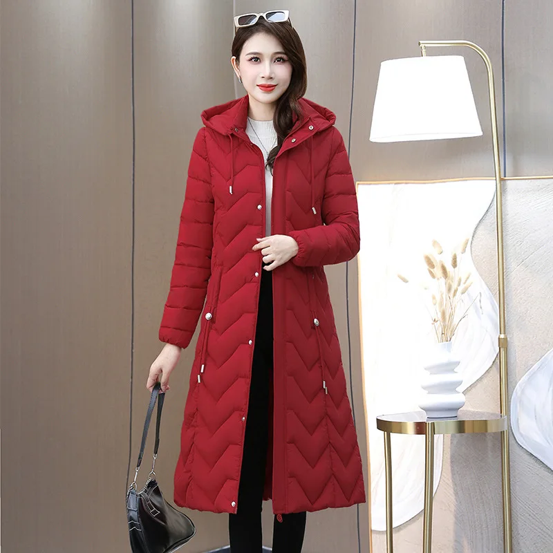 Women Cotton Padded Extended Jacket Slim Fit Over Knee Windproof and Warm Outerwear Hooded Detachable Lightweight Design Parkas