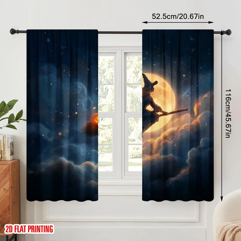 2pcs,2D plane printing Curtains Digital Printed Halloween Witch Flying Square Versatile Fabric (without rod) Versatile All Use