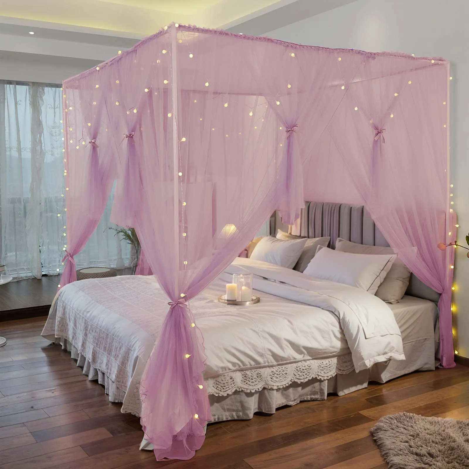 Pink Mosquito NET for Bed Canopy Four Corner Post Curtains Bed Canopy Elegant Mosquito Net Set Twin/Queen/King for Girls & Adult