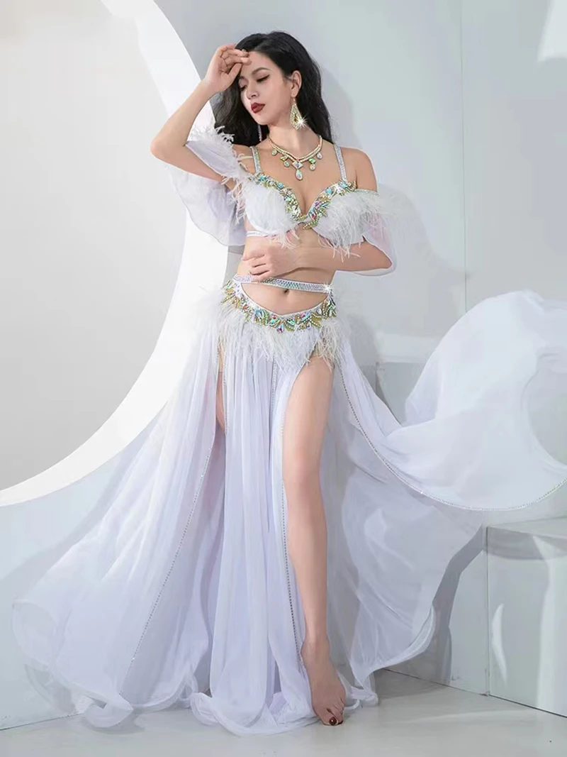 

Adult Women Belly Dance Dress Feather Fairy Mesh Diamonds Slit Skirt Dancewear Popsong Mejance Competition Party Performance Set