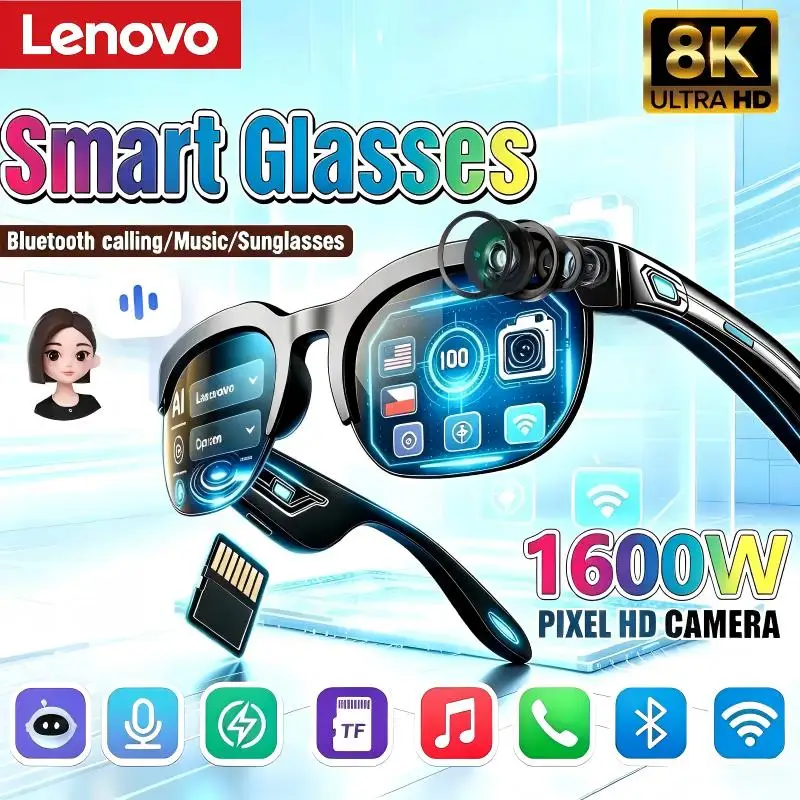 Lenovo Smart Glasses Remote Control Touch with Photo Camera Recording Translator Voice Assistant Music Bluetooth Sunglasses