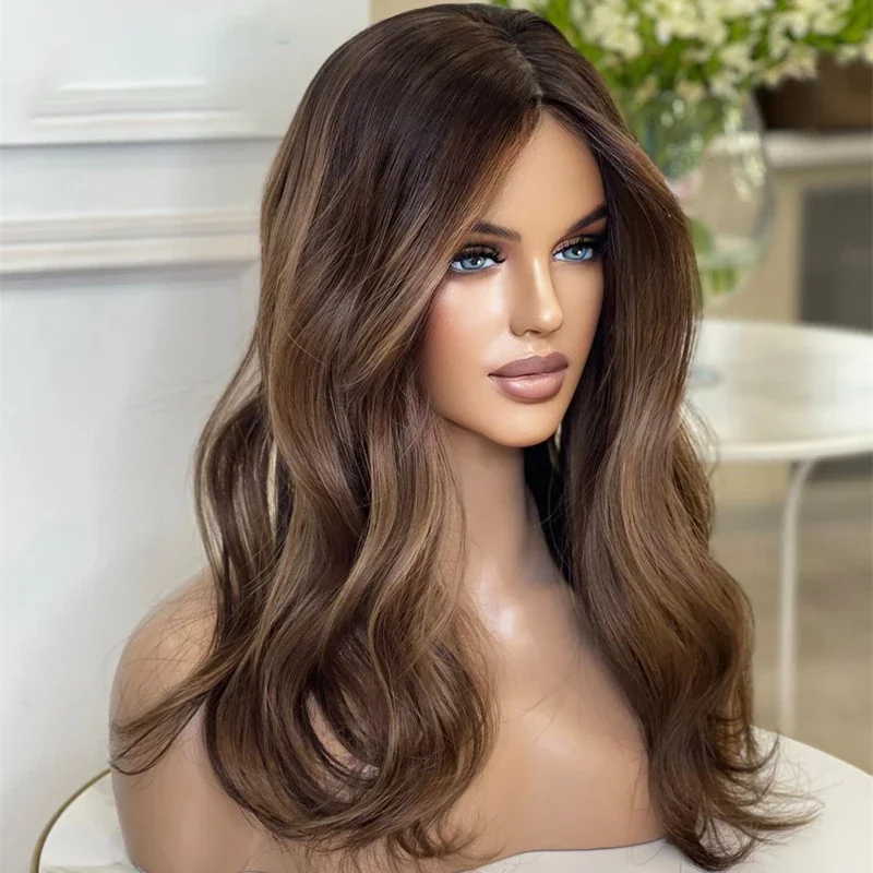 Long 28Inch Highlight Brown Body Wave Glueless 5x5 Silk Base Jewish Human Hair Wig Baby Hair HD Lace European Hair Preplucked