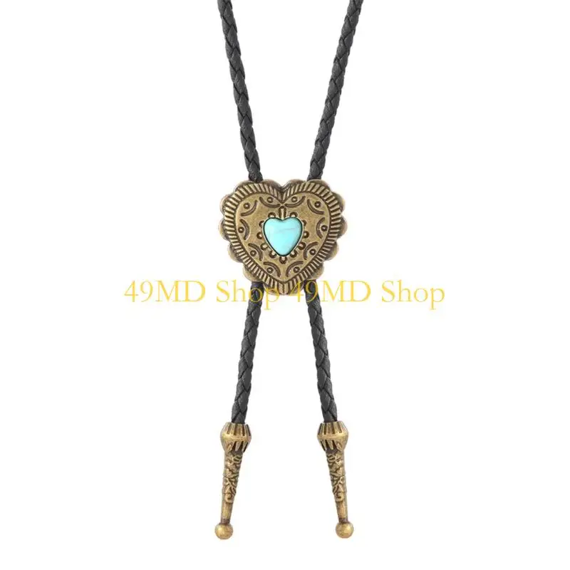 49MD Elegant Bolo Tie with Stone Pendant Carved Necktie Western Necklace Cool Bolo Tie Western Cowboy Costume