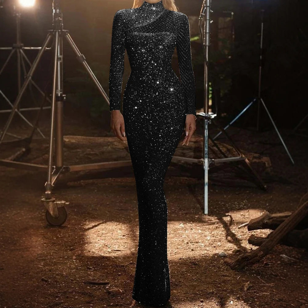 Abiti aderenti con paillettes da donna Abito maxi scintillante Elegante festa di Capodanno Natale Collo a lupetto Ricamo Asimmetrico Sheer Chic