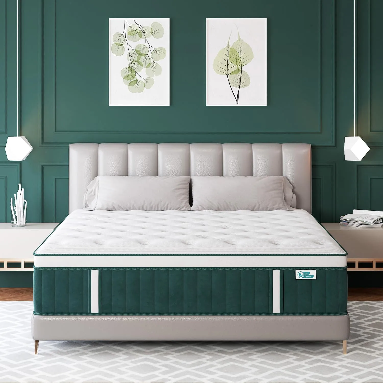 Queen Mattress, 14 Inch Hybrid Mattresses Green with Gel Memory Foam and Individ
